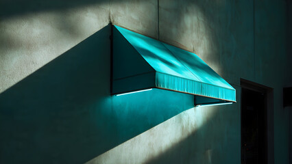 A geometric awning illuminated by cyan neon creating a crisp angular shadow pattern on the wall below