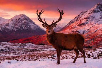 Majestic red deer stag with massive antlers standing in golden autumn forest at sunrise