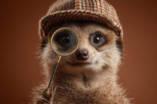 Intriguing meerkat detective with magnifying glass and tweed cap, ready to solve mysteries with charm and wit, perfect for whimsical branding and fun campaigns