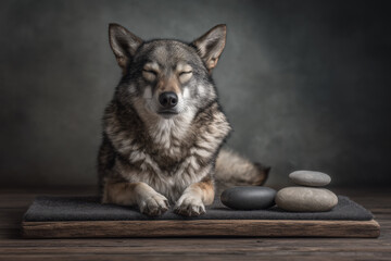Relaxing wolf enjoys a calming zen moment near stacked stones, perfect for mindfulness or wellness campaigns conveying peace and serenity in nature's embrace