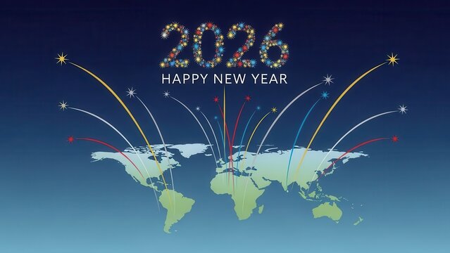 2026 Happy New Year World Map Fireworks Celebration
