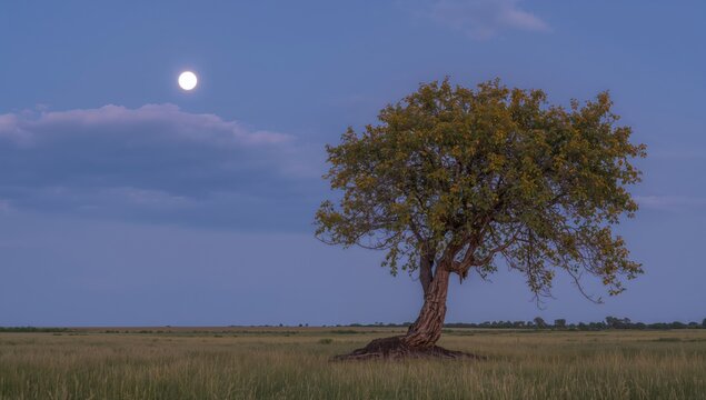 Solitary tree in the twilight grassland under a bright moon, summer scenery, natural horizon, landscape