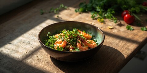 Vegetable, nut, and meat salad on a white plate with chocolate decoration, emphasizing balanced meal presentation