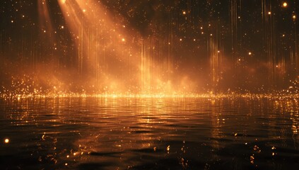 Golden light streams over a reflective surface creating a celestial, shimmering scene