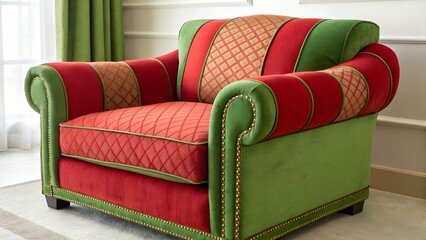 Red and green leather sofa.