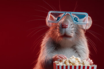 Hilarious rat ready for movie night wearing 3D glasses and holding popcorn, perfect for quirky entertainment promotions or funny social media campaigns