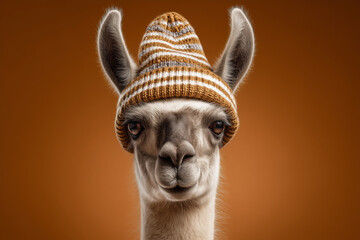 Naklejka premium Adorable llama wearing a cozy striped beanie hat with endearing eyes, perfect for whimsical designs and heartwarming projects bringing joy and laughter