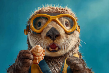 Adorable otter wearing scuba goggles and holding a seashell against a bright blue background, perfect for summer fun designs and playful aquatic adventures