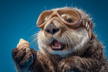 Adorable otter wearing swimming goggles holds a seashell against a blue background, making a splash in your next creative project or campaign for summer fun