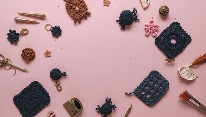 Collection of handmade crochet embellishments and craft supplies