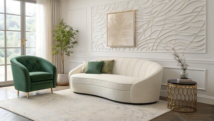 Light filled interior with white curved sofa abstract background.
