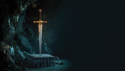 Low-poly heroic sword suspended in a mystical cave, emphasizing fantasy weapon maintenance, explorer's booty, No specific holiday