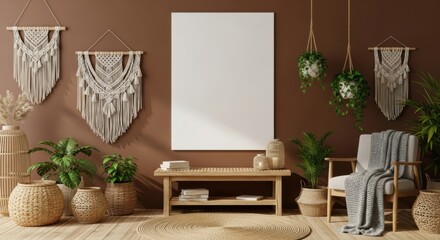 Obraz premium Bohemian interior design with a blank canvas and earth tones for creative living