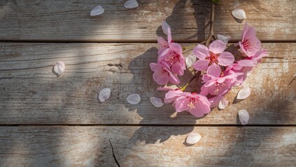 Fototapeta premium Flowers arranged on aged wooden table surface used as a rustic background for floral design projects