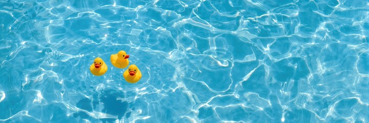 Yellow toy rubber duck family floating in the pool, used as a playful water activity for children
