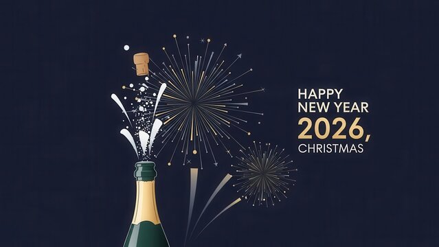 Champagne Bottle Popping with Fireworks for New Year 2026