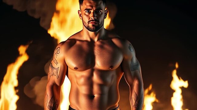 Powerful muscular man standing shirtless in front of intense flames. Strong bodybuilder with tattoos posing with determination. Strength and masculinity concept