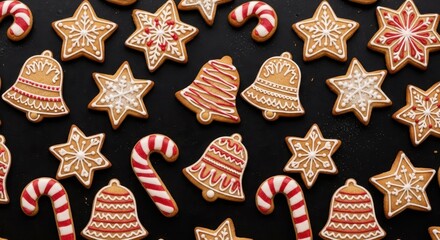 Festive Christmas Gingerbread Cookies with Icing on a Dark Background Holiday Season