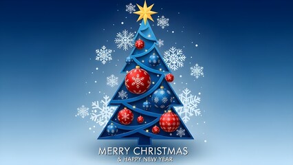 Festive blue Christmas tree illustration with snowflakes and holiday greeting text