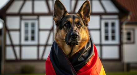 Obraz premium Patriotic German Shepherd Dog with German Flag
