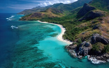 Aerial view of a serene beach nestled between lush mountains and clear turquoise waters