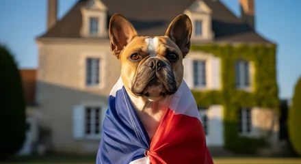 Fototapete Französische Bulldogge French Bulldog with French Flag in Front of House  © akridiy