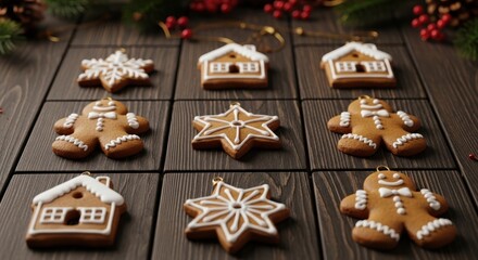 Festive Gingerbread Delights a Whimsical Christmas Cookie Collection Laying on Wooden Board