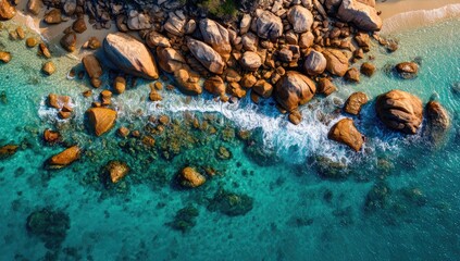 Aerial view of a sun-kissed rocky coastline meeting the turquoise water