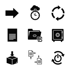 Nine black icons representing technology and data management on a white background Keywords: technology, icon, set, collection, arrow, right, direction, cloud, timer, clock, stopwatch, refresh