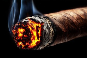 Macro View of a Smoldering Brown Cigar End with Ash and Glowing Ember in Dark Background Smoke