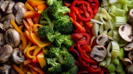 Fresh Stir Fry Vegetable Ingredients Overhead Layout with Bell Peppers, Broccoli, Carrots, and Mushrooms