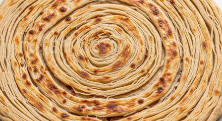 Perfectly crafted concentric circles of flaky paratha bread golden and subtly toasted