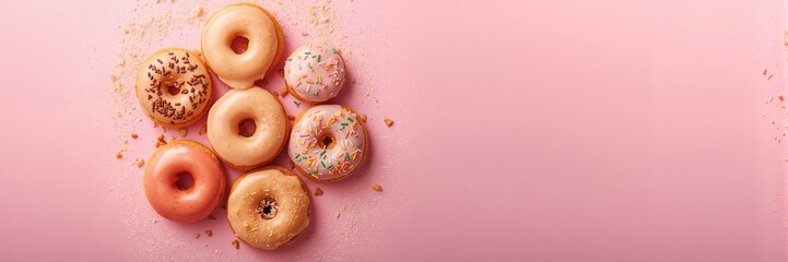 Mouthwatering fresh doughnuts displayed on a pink background, ideal for bakery advertising or menu backgrounds