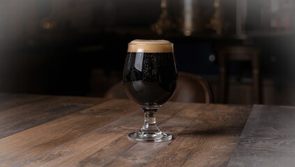 A glass filled with a dark Imperial Stout used as a beverage, emphasizing rich flavors, food pairing, and brewing process