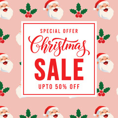 Festive Christmas sale banner with cheerful cartoon Santa faces on a soft pink background and bold red typography promoting special offer discount, ideal for holiday marketing, social media ads and re