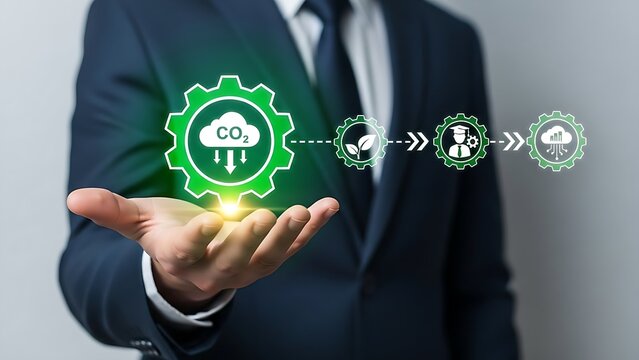 Businessman presenting carbon emissions reduction and environmental sustainability