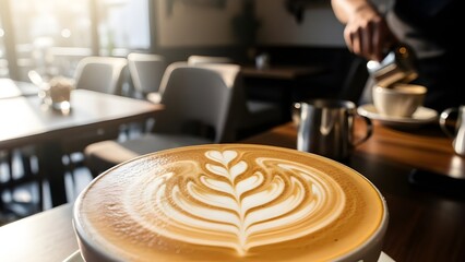 Freshly brewed latte with exquisite art in a cozy coffee shop
