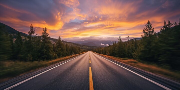 Long mountain road stretching to the horizon under bright sunset light, emphasizing summer travel atmosphere, Earth Day