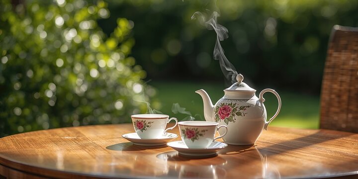 A steaming cup of herbal tea on a wooden table, emphasizing relaxation and wellness, World Tea Day