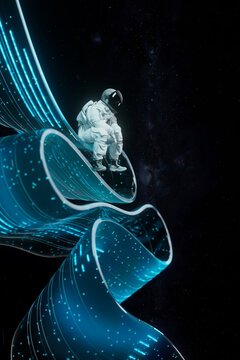 3D astronaut riding dynamic data stream path