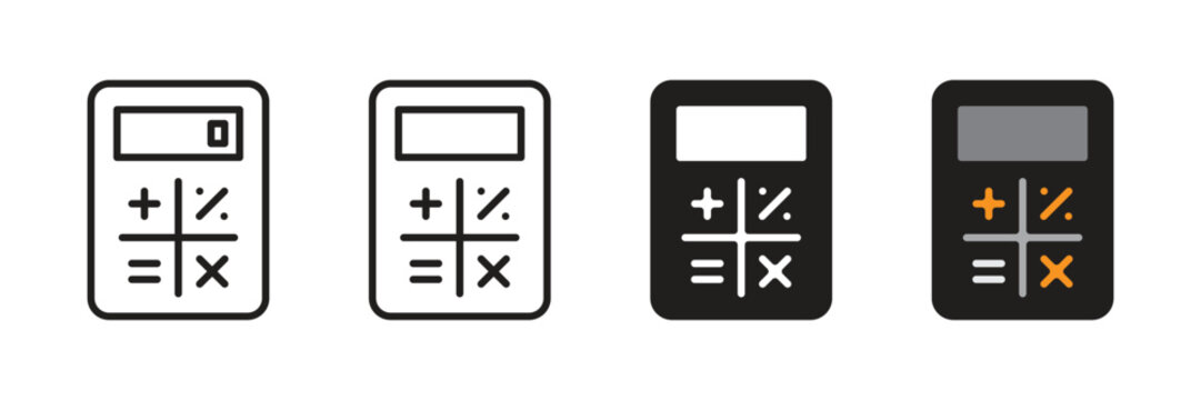 Calculator icon set. Computer, evaluator, numerator sign. Black, gray and orange color. Vector illustration. Editable stroke. Flat design. Isolated on a white background.