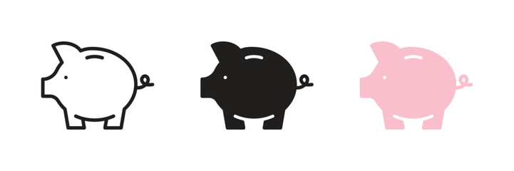 Piggy bank icon set. Savings, moneybox sign, symbol. Money, finance, investment, business concept. Black, pink color. Vector illustration. Editable stroke. Flat design. Isolated on a white background.