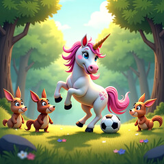 Colorful unicorn with pink mane plays soccer with three playful cartoon dogs in a vibrant forest setting, showcasing a whimsical and joyful atmosphere of friendship and fun