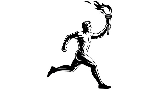 A black and white silhouette illustration of a male athlete running while holding a flaming torch overhead - Powered by Adobe