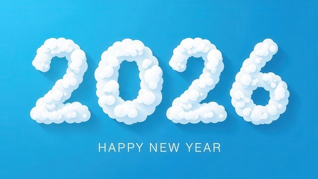 Happy New Year 2026 in cloud shapes on blue sky celebration