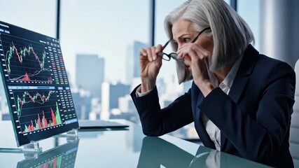 Businessperson analyzing financial charts on digital screen in modern office with cityscape view through large window - Powered by Adobe