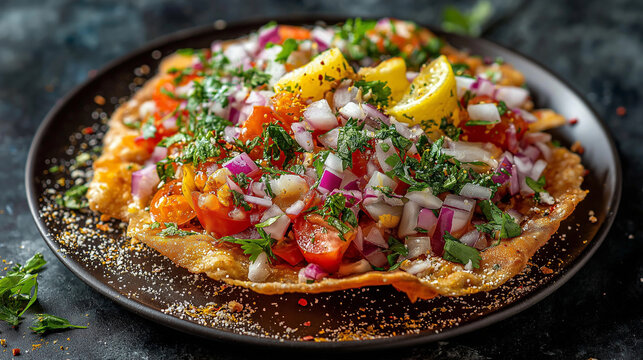 Crispy masala papad topped with finely chopped onions, tomatoes, coriander, lemon drizzle; vibrant street-food colors