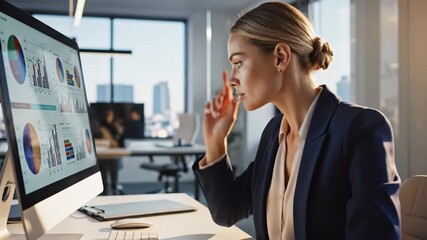 Businessperson analyzing financial data on computer monitor in modern office with cityscape view through large windows - Powered by Adobe