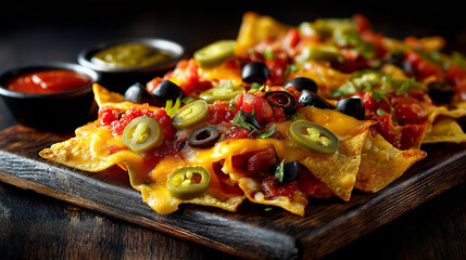 Crispy nachos topped with melted cheese, jalapeño slices, olives, and salsa; served on a rustic tray