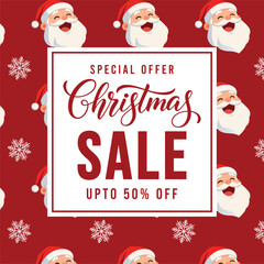 Festive Christmas sale banner with cheerful cartoon Santa faces on a bright red background and bold typography promoting special offer discount, perfect for holiday marketing, social media ads and ret